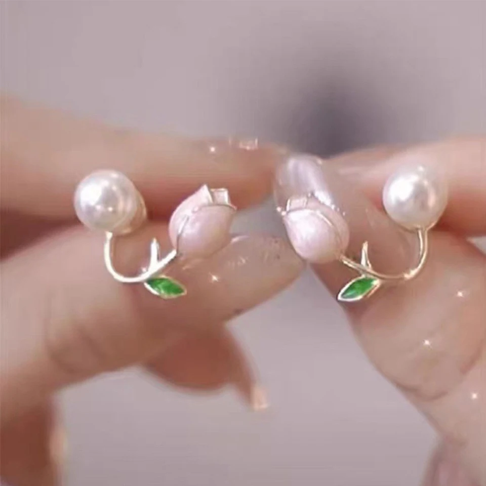 ZAKOL Fresh Rose Stud Earrings with Imitation Pearl Sweet Pink Tulip Earrings Exquisite New Accessories for Women Trendy Jewelry