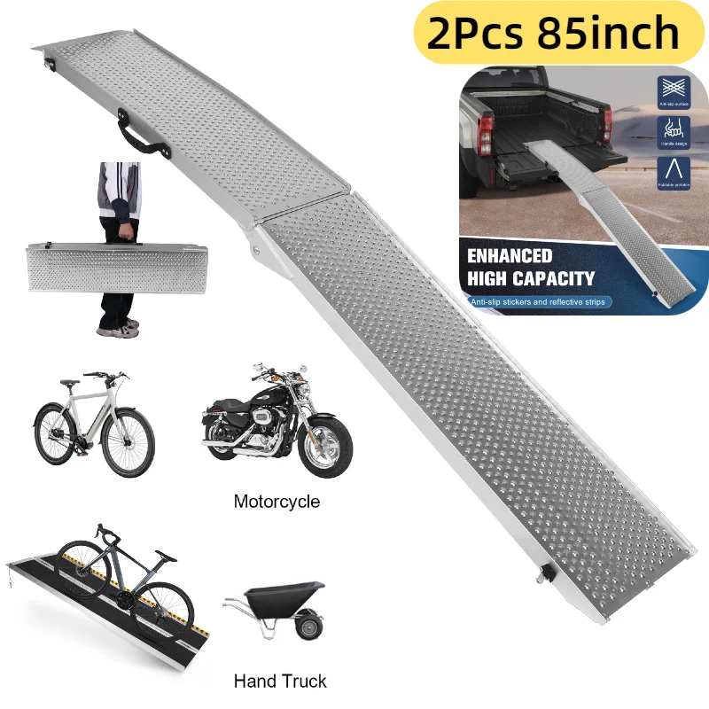2 Stück 85 Zoll Aluminium klappbare Laderampen mit Griff, faltbare LKW-Laderampen für Motorräder, Rasenmäher, UTVs und mehr
