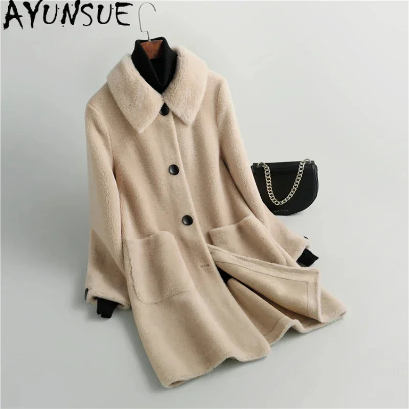 

New AYUNSUE Sheep Shearing Jacket for Women Autumn Winter Elegant Mid-length Fur Coat Casual 100% Wool Coats Abrigos Mujer