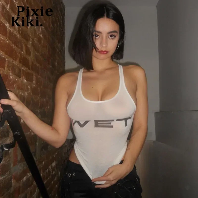 PixieKiki ウェットレタープリント白クロップトップシャツ Y2k