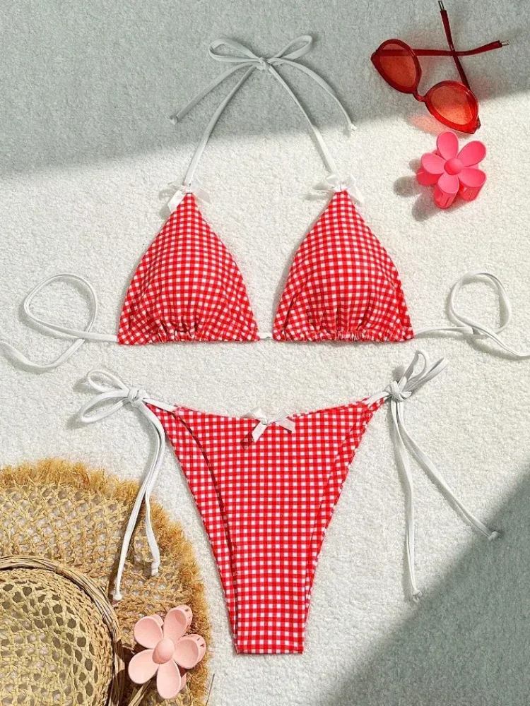 Sexy Micro Bikini 2024 Gingham Print Swimsuit Female Swimwear Women Strings Thong Bikinis Set Bather Beachwear Bathing Suit Pool