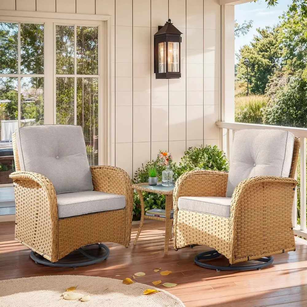 

3-Piece Weather-Resistant Wicker Patio Furniture Set with Swivel Glider Rocker Chairs and Glass Table, Yellow Wicker Beige Cushi