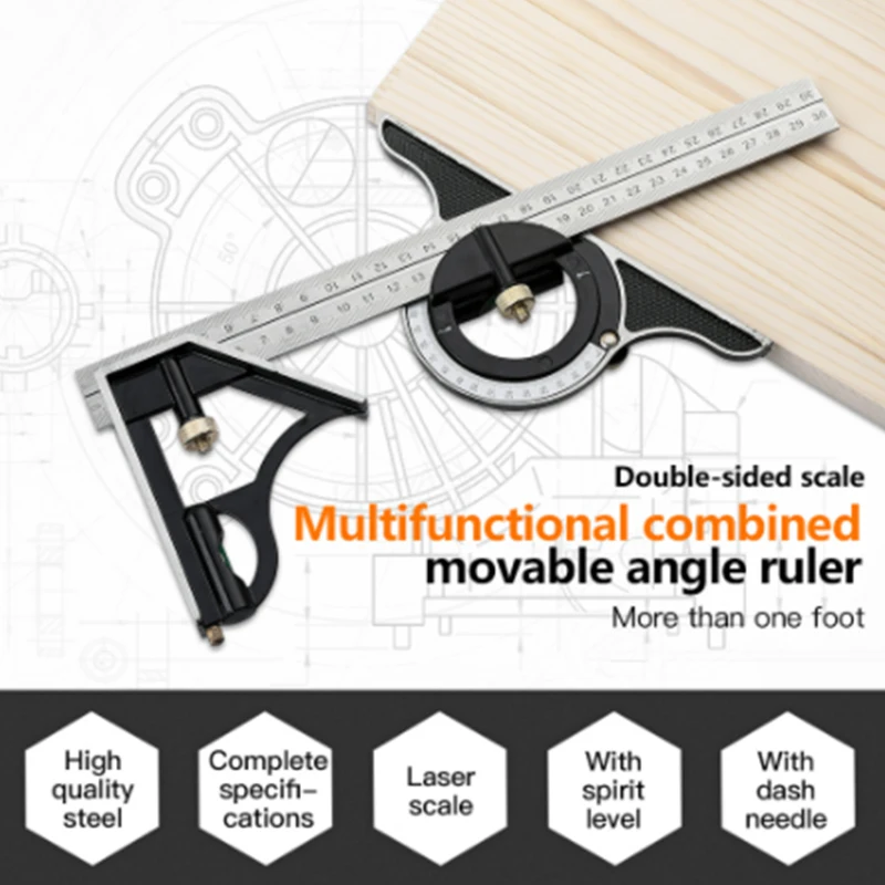 Imagem -02 - Régua de Ângulo Ajustável de Régua de Medição Combinação Deslizante Régua Quadrada Transferidor Nível Ferramenta de Medida 300 mm Aço Inoxidável