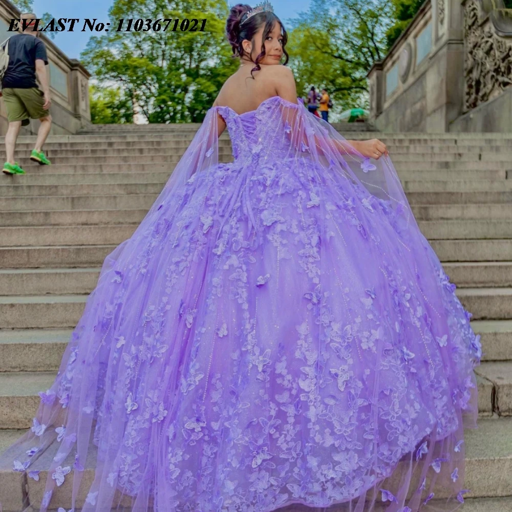 EVLAST Customized Lavender Quinceanera Dress Ball Gown Butterfly Applique Beading With Cape Sweet 16 Vestidos De 15 Anos SQ505