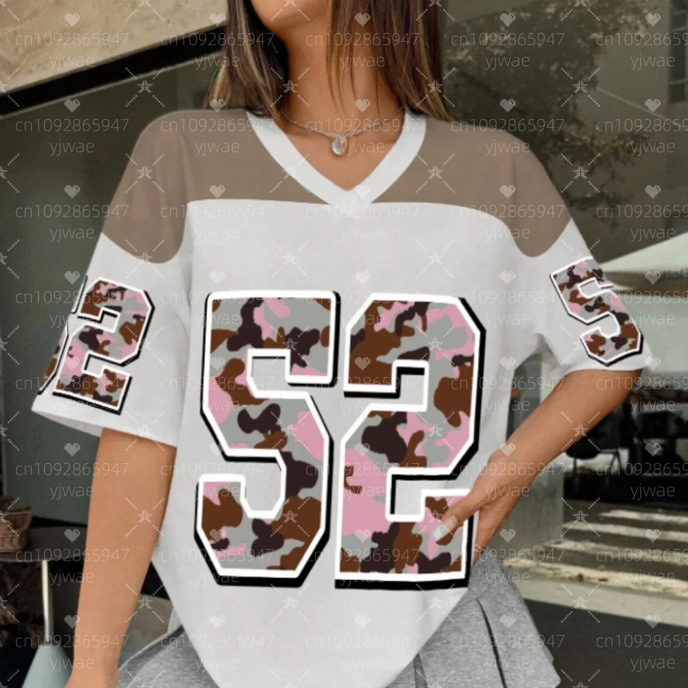 2025 여름 여성용 52번 프린트 V넥 반팔 티셔츠 여름 티셔츠 야구 저지 스트라이프 오버사이즈 스포츠 티셔츠