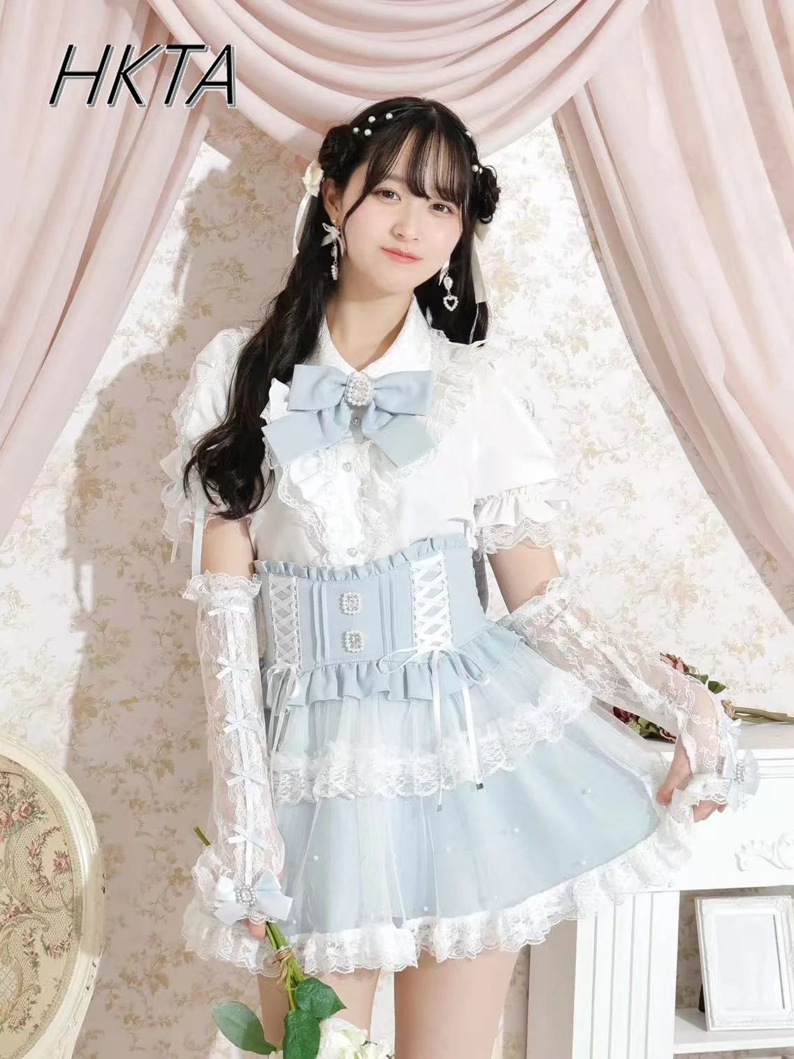 

Japanese Mine Lace Stitching Strap Bow Bubble Short Sleeve Blouse Women Shirt New Summer Sweet Cute Pink White Shirts Top Girl
