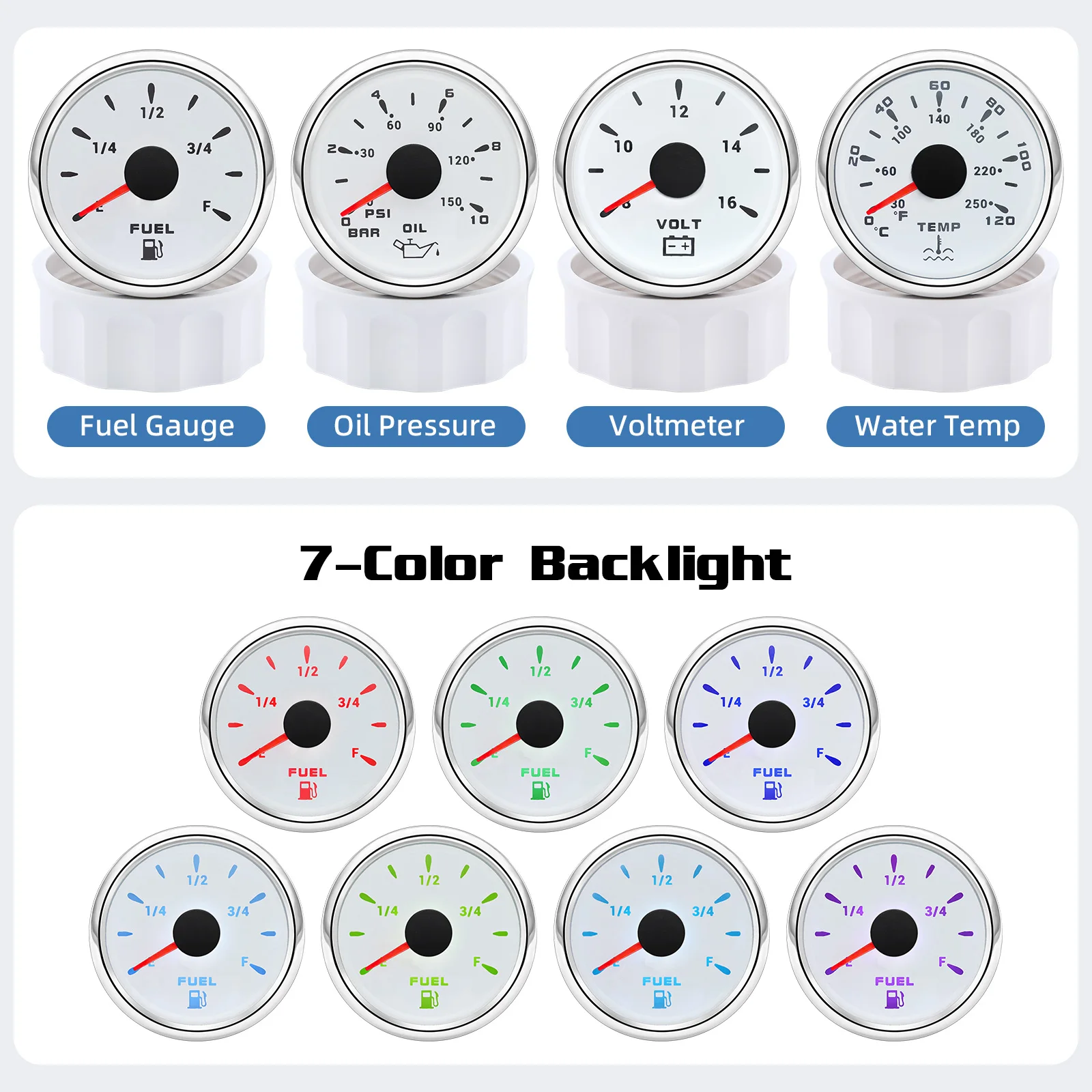 12V24V Universal 52MM 4 Gauge Kit with 2 Sensor Water Temperature + Oil Pressure + Fuel Level + Voltmeter For All Vehicle Marine