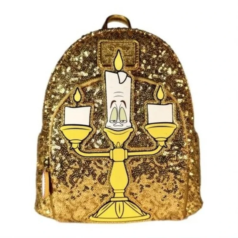 New Loungefly Disney Beauty And The Beast Mini Backpack Women'S Casual Fashion Backpack Lumiere Candle Sequin Bag Surprise Gift