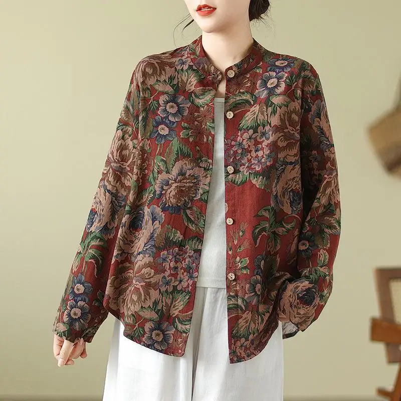 Blusa de lino y algodón para mujer, camisa informal holgada de manga larga con cuello levantado y estampado de flores, Estilo Vintage, novedad de primavera y otoño, 2024