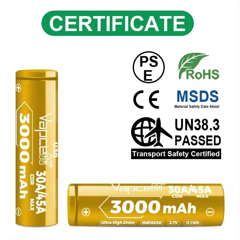 1-10pcs Original Vapcell INR18650 3000mah U30 30-45A Lithium-ion Batteries High Power Rechargeable Battery For Toys