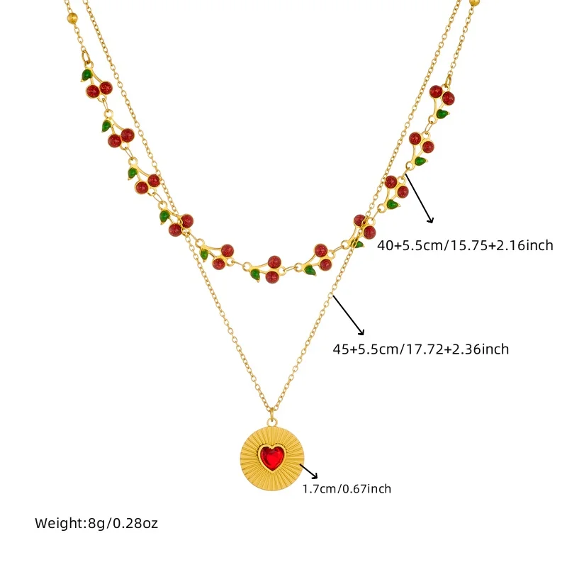 DIEYURO 316L Stainless Steel cherry Circular Inlaid Red Heart Zircon Double-layer Necklace WomensTrend Neck Chain Jewelry Gift