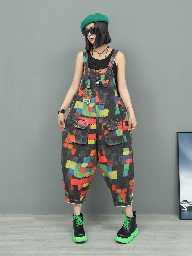 

Spring And Autumn Personalized Color Contrasting Printed High Waist Streetwear Overalls New Women Loose Strap Jumpsuit Trendy