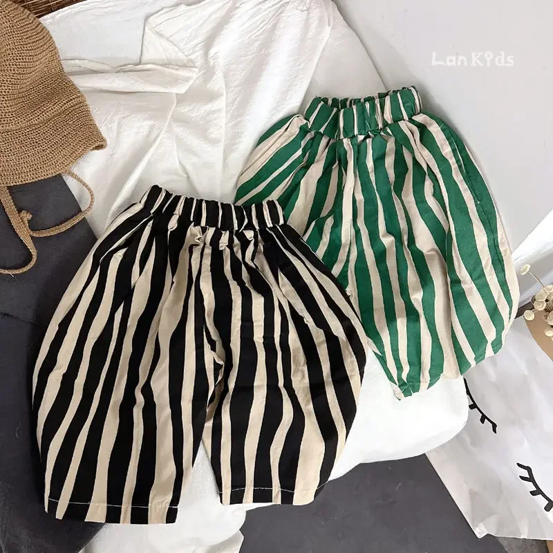 Macio respirável bebê meninos meninas shorts listrado casual crianças calças primavera verão bezerro comprimento da criança calças crianças roupas