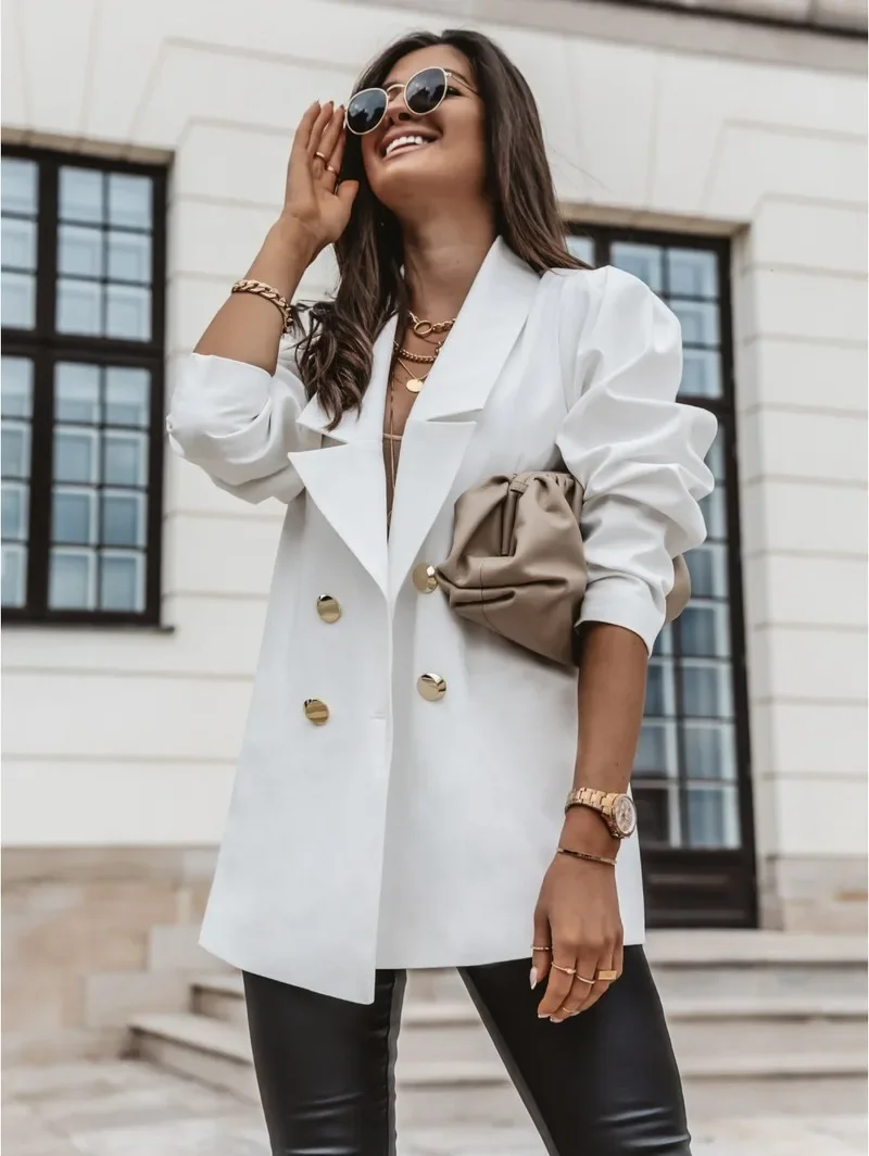 White Mid Length Commute Blazer Women Solid Color Double Breasted Elegant Suit 2023 Spring Autumn Chic Plus Size Blazers Vintage