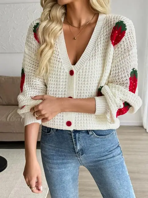 

Autumn New Casual Cardigan Women's Versatile Strawberry Jacquard Knitted Sweater