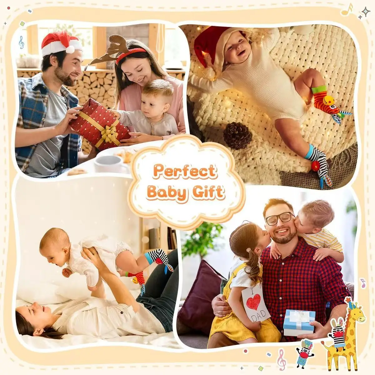 0～12ヶ月の赤ちゃん用ガラガラ靴下おもちゃ、新生児用漫画風ぬいぐるみ靴下、リストストラップ、足探しとリストガラガラおもちゃ