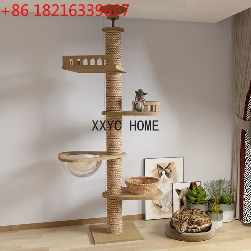 Wooden Cat Tree House Multifunction Pet Furniture Kitten Climbing Toy Cat Scratching Posts Cat Tower Soft Flannel Hammock Bed