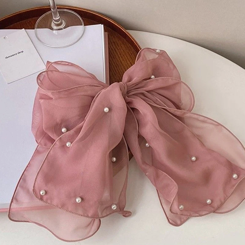 Modische Haarspangen mit Perlen und Schleifen für Damen, elegante Chiffon-Schleifen, Pferdeschwanz-Haarspangen, süße Haarschmuck-Accessoires – Detail 4