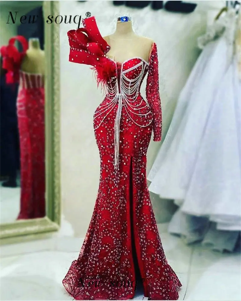 Vestidos de Noche largos de sirena con un hombro descubierto, cadenas de cristal brillantes, plumas, fiesta de cumpleaños, boda, graduación, Dubái, Borgoña, 2023