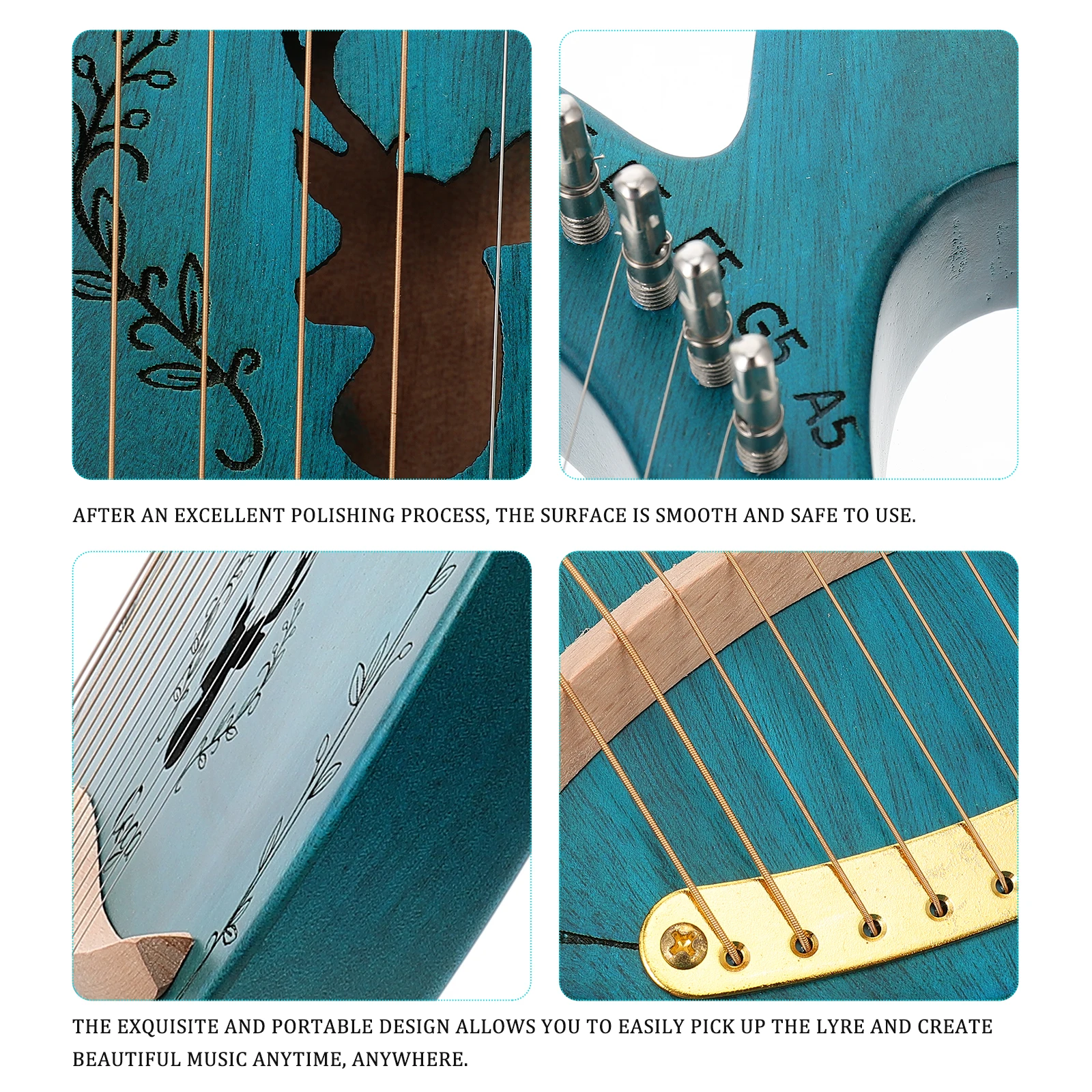 

Harp Toys Beginner Wood Lyre Ancient Style Clarinet Smooth Surface Blue Extra Strings