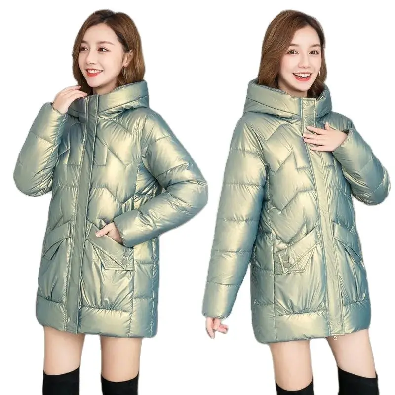 

Shiny Warm Down Padded Jacket Women's Mid-length Nice New Winter Waterproof Coat Snow Clothing Female Loose Hooded Puffer Parkas