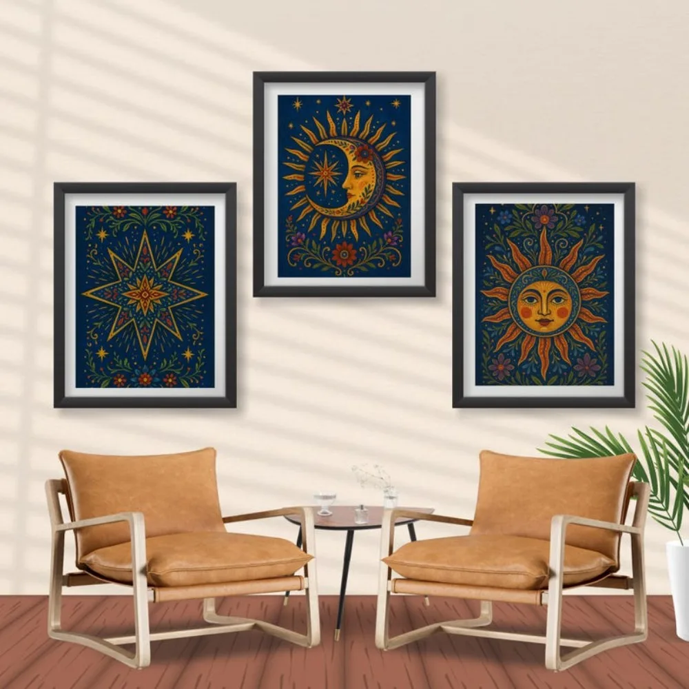 Frameless Celestial Three-person Poster Printing, Sun, Moon and Stars Wall Art, Digital Download, Living Room Bedroom Decoration