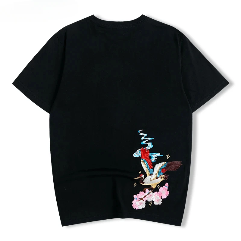 

Crane Embroidery T-Shirt Summer Short Sleeve Tops Tees Black White Cotton Tshirts Men Hip Hop Streetwear Japanese Harajuku