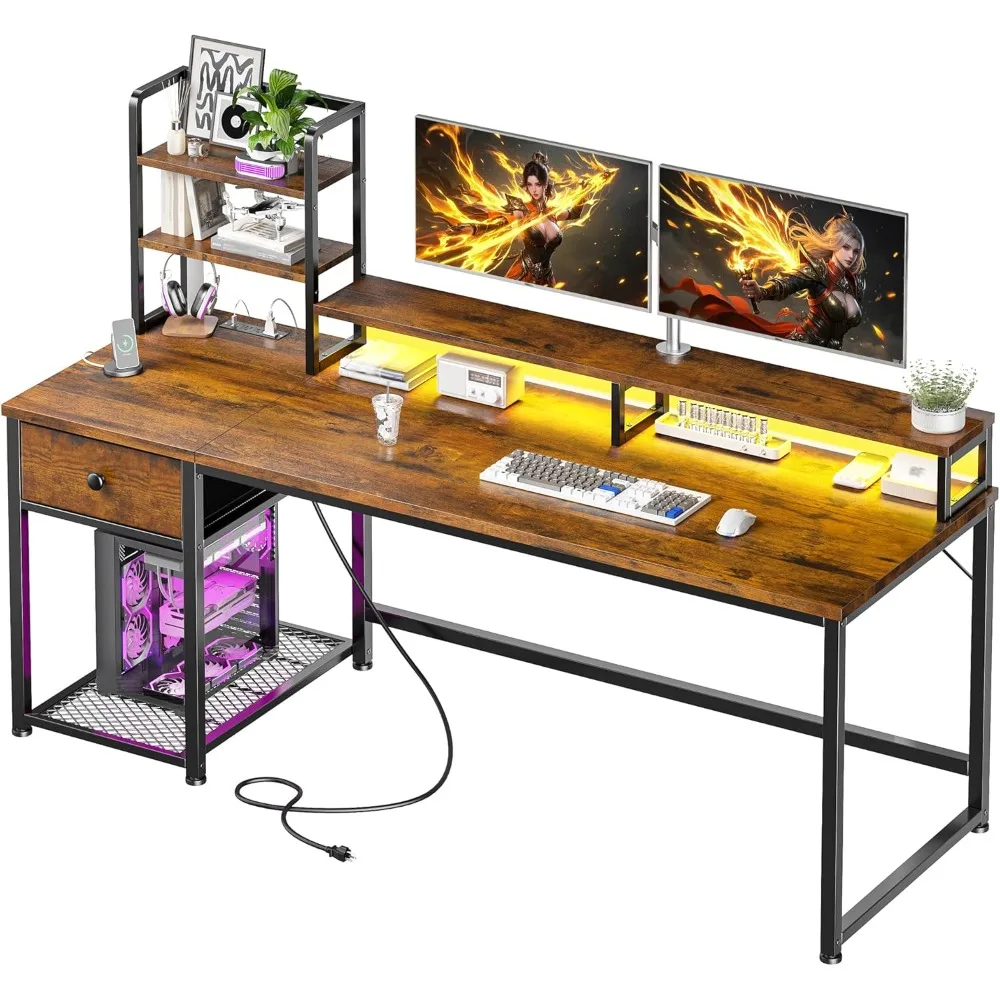 

55" Gaming Desk with LED Lights & Power Outlets, Computer Desk with Drawers, Home Office Desks with Reversible Shelves and Moni