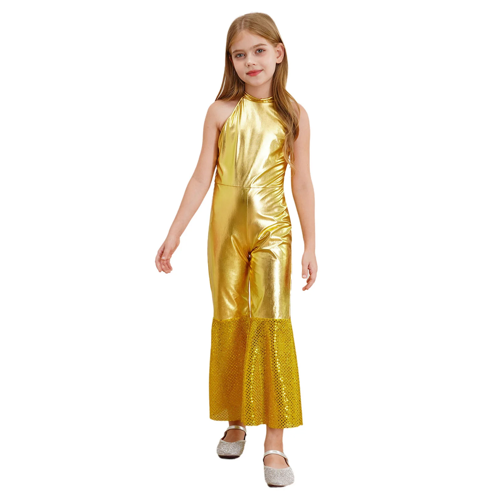 Kids Girls Forum Disco Costume 60s 70s Groovy Hippie Metallic Jumpsuit for Halloween Party Festivals Dance Stage Performance