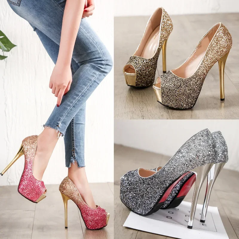 High Heels Platform Woman\'s Peep Toe Pumps Gold Silver Wedding Shoes Bridal Heels Banquet Ladies 2023 Elegant Women Heeled Shoes