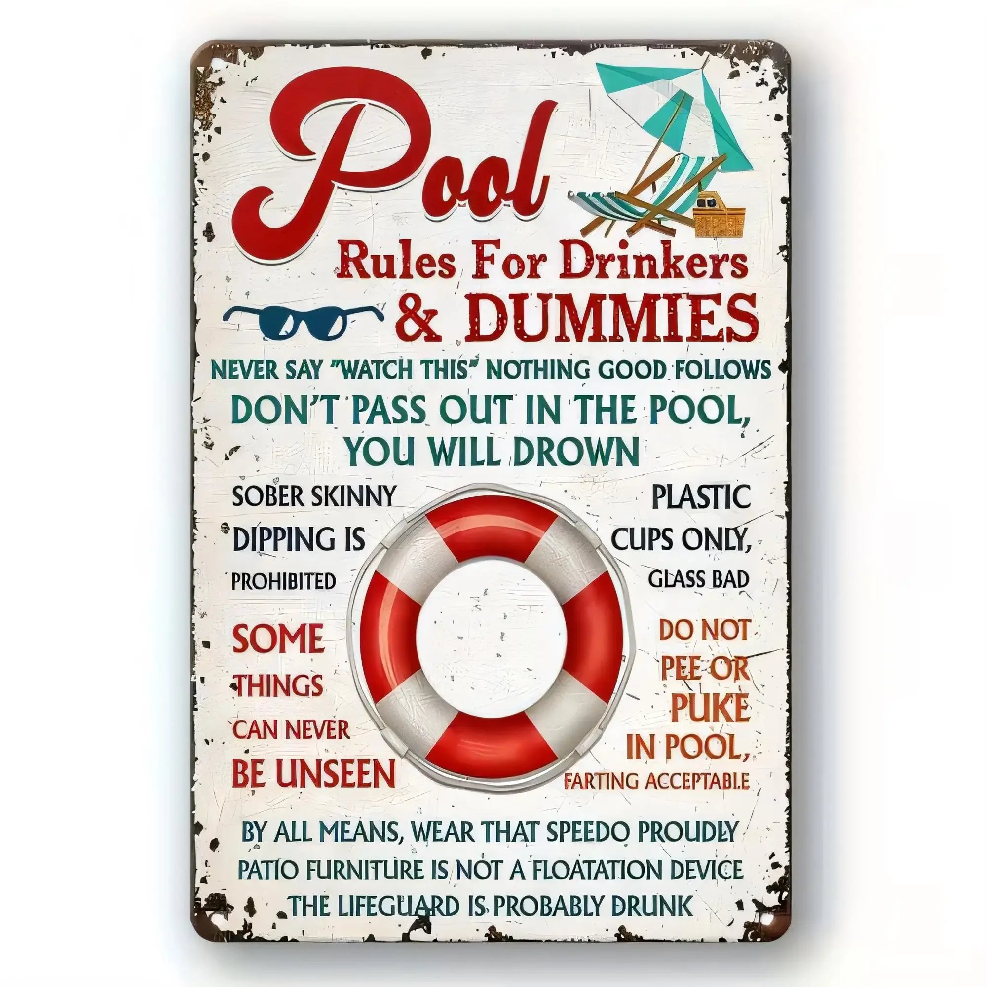 Tin Sign Pool Rules For Drinkers & Dummies Funny Vintage Metal Poster   Wall Decor for Patio Bar Garage Man Cave Humor Remind