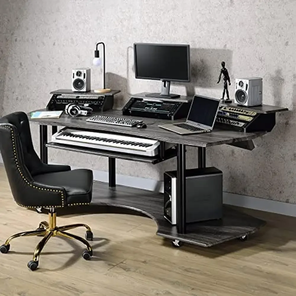 Wooden Recording Studio Desk with Keyboard Tray and 3 Stands Base with Caster Wheels Contemporary Design Alloy Steel Base