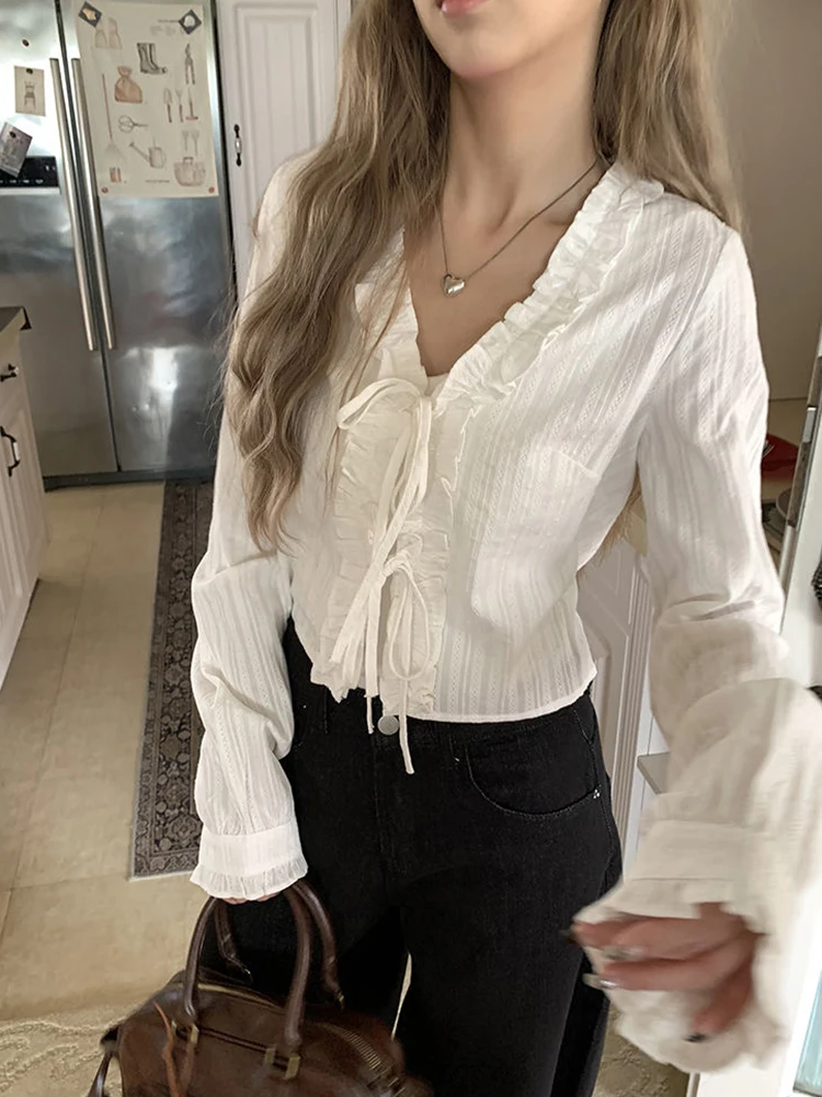 Zoki Lace Up Sweet White Shirts Women Vintage Long Sleeve Cropped Blouse Casual V Neck Female Korean Elegant Retro Tops New