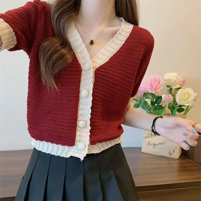 Short Sleeve Cardigan Women V-neck Girlish Summer Patchwork Design Knitwear Sweet Crops Stretchy Streetwear Cozy Korean Preppy