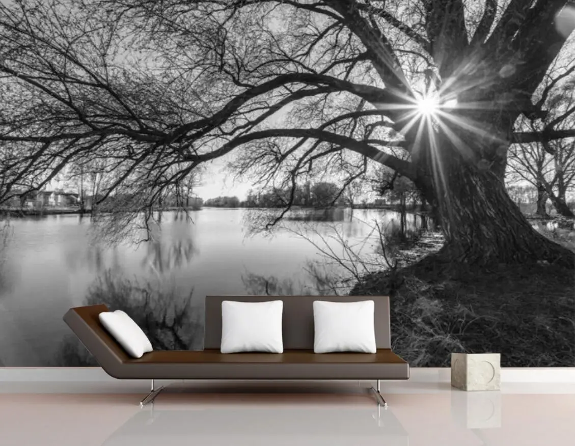 Custom wallpaper black and white tree sunshine Lake scenery mural home decoration living room Bedroom background 3d wallpaper