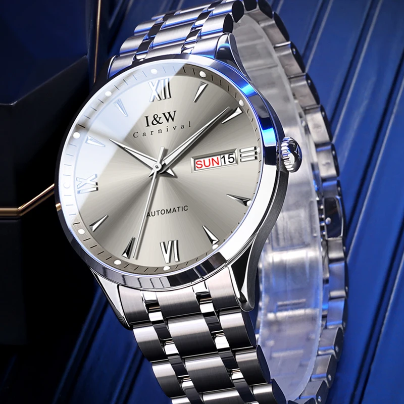Carnival Brand IW Stainless High-end Series Imported Movement Mechanical Watches Men 50M Waterproof Stainless Steel Watches Mens