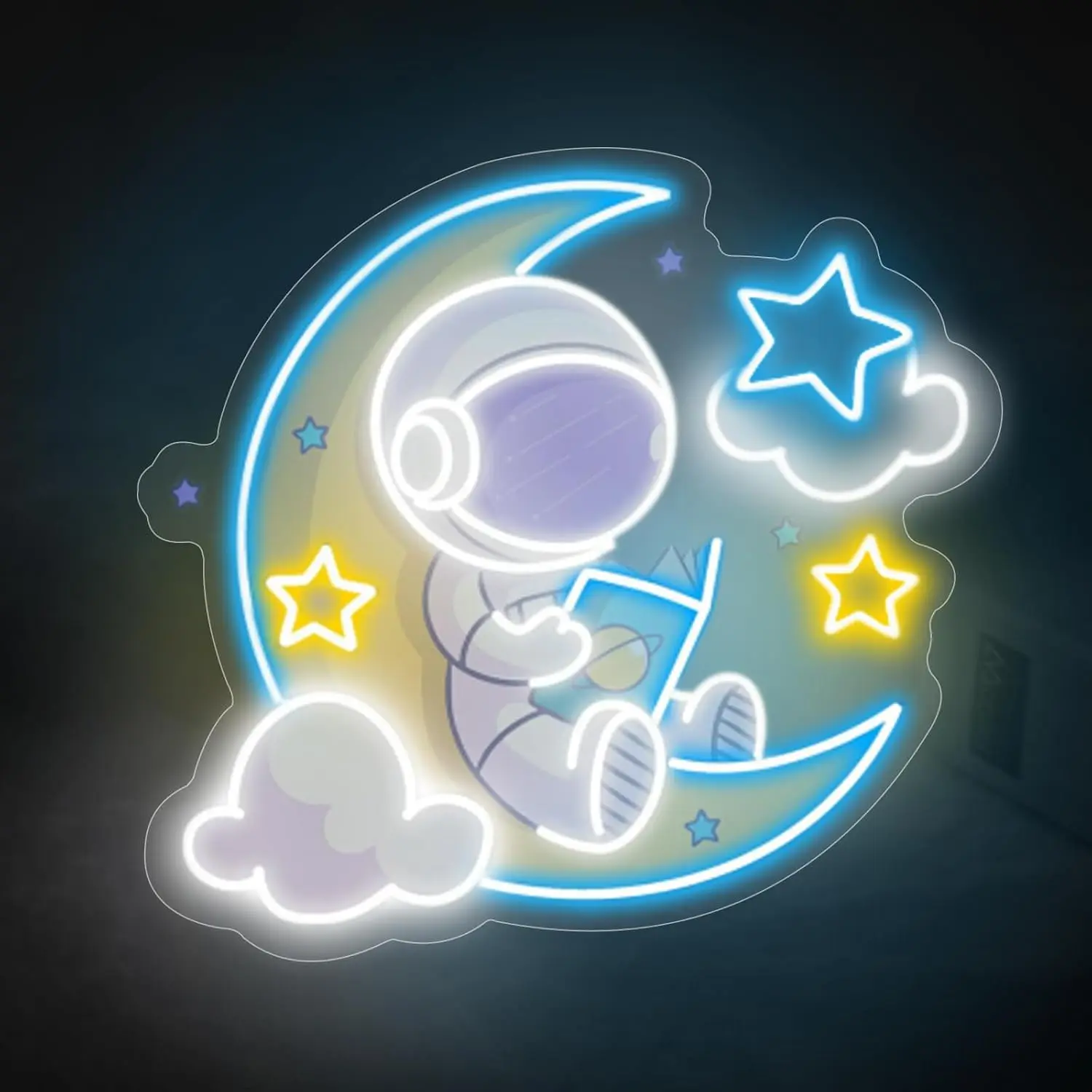 Astronaut Reading On Moon LED Neon Sign USB Powered Neon Light Space Theme Wall Decor Kids Bedroom Night Lamp Birthday Gift