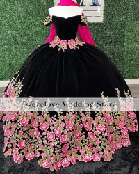 Mexican Black Quinceanera Dresses with Embroidery Floral Charro Vestido De 15 Años 2022 Off the Shoulder Sweet 16 Prom Gowns