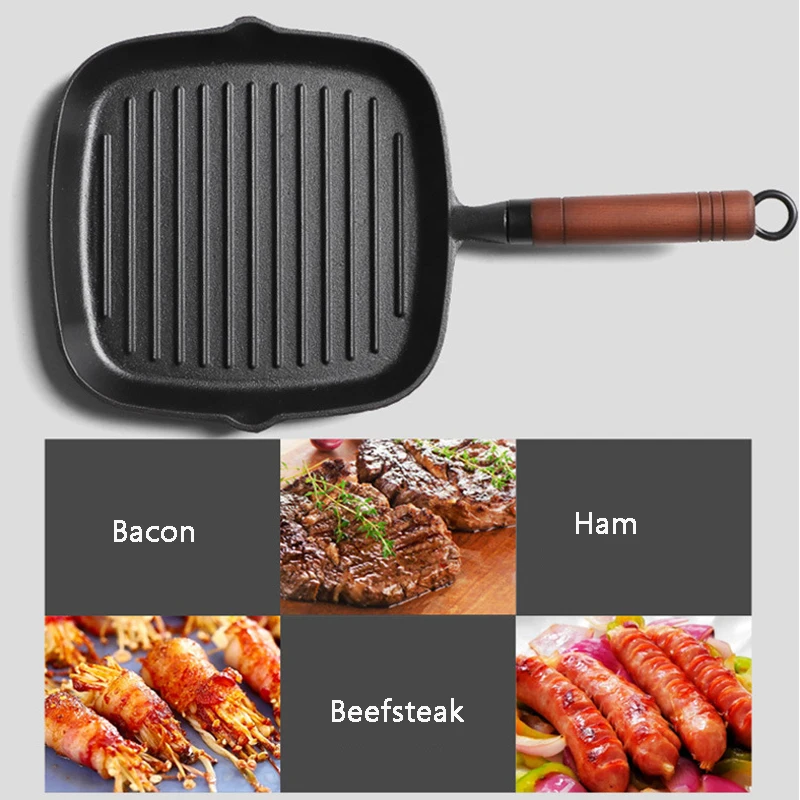 Сковорода для стейка Толстая деревянная ручка, чугунная, без покрытия, с антипригарным покрытием, для дома, в полоску, специальный горшок