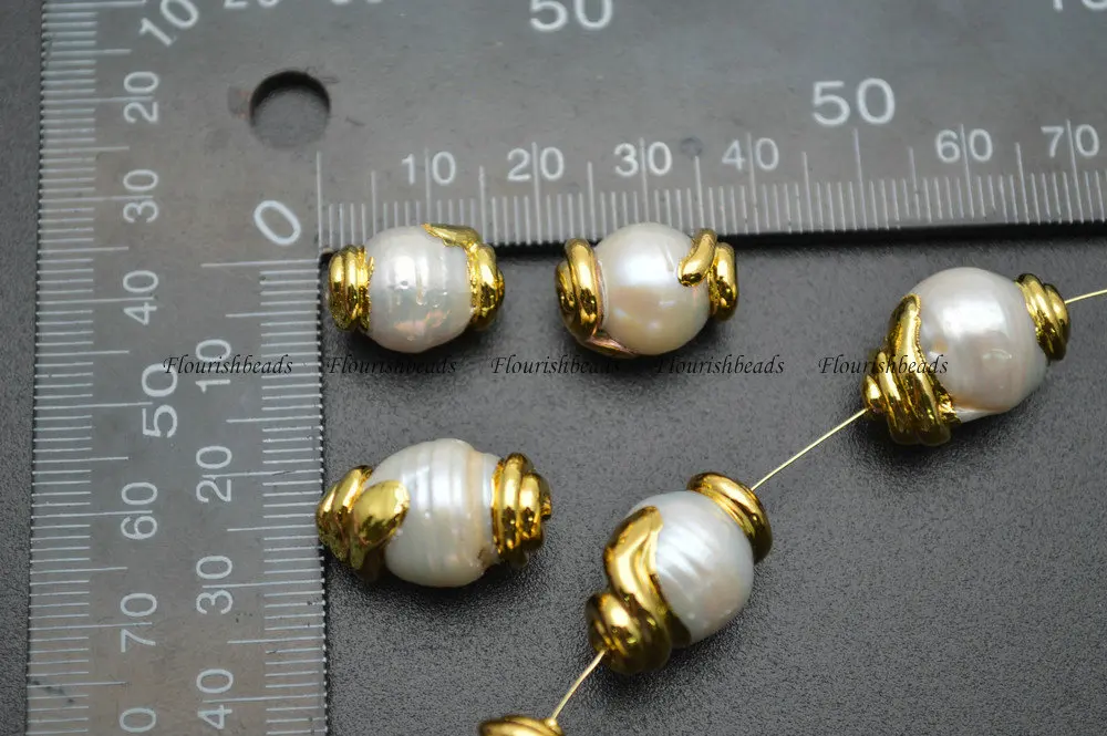 Natural Fresh Water Pearl Potato Shape Spacer Loose Beads Gold Color Surrounded on Two Sides DIY Jewelry Making Supplies