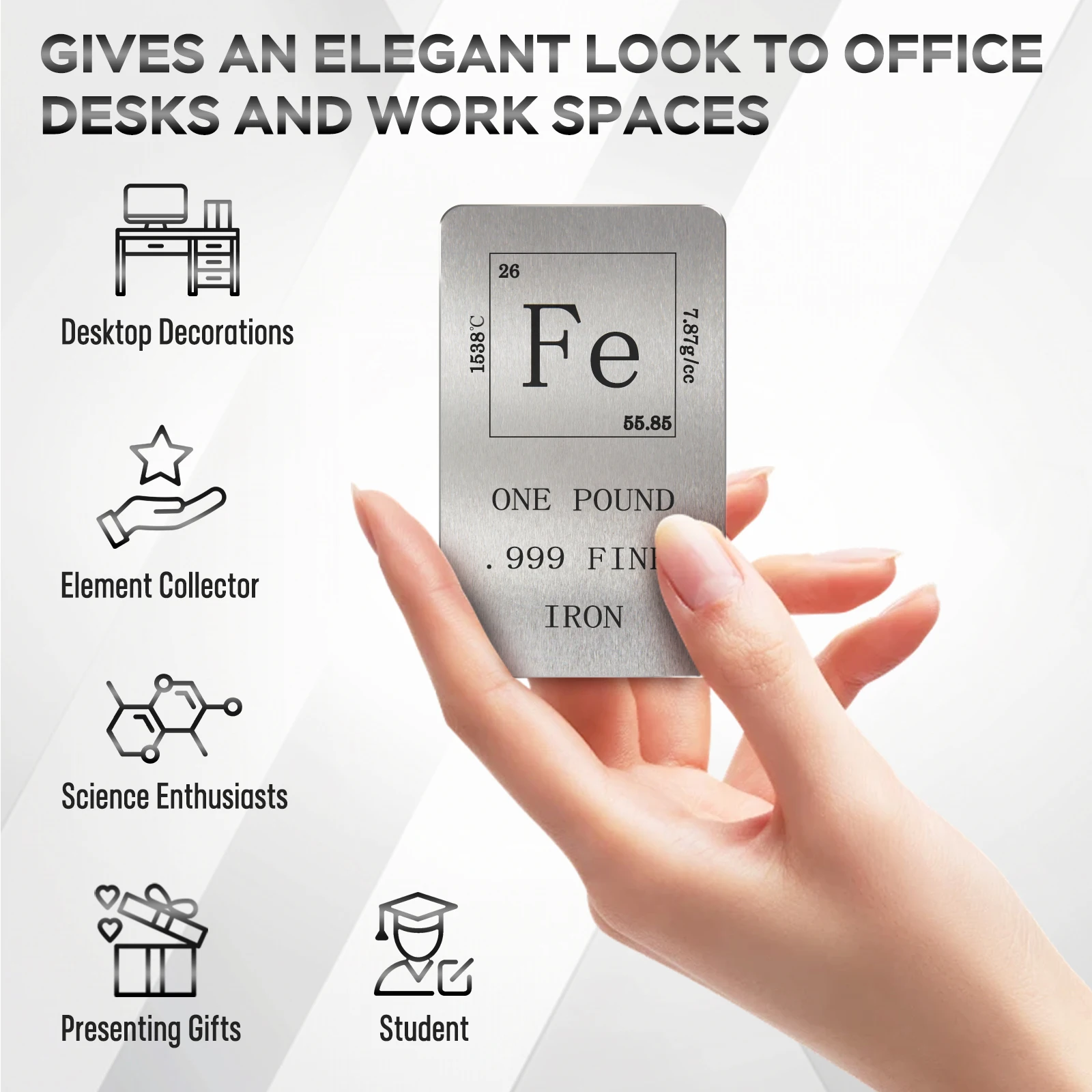 1lb High Purity Iron Metal Bar .999 Fine Fe Element, Laser Engraved Periodic Table Block, Unique Science Gift & Desktop Decor