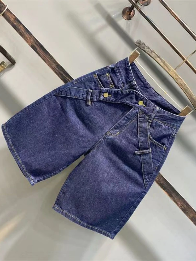 Fashion Vintage Denim Shorts Solid Color Patchwork High Waist Pockets Design Fifth Pants Casual Loose All Match Women's Clothing