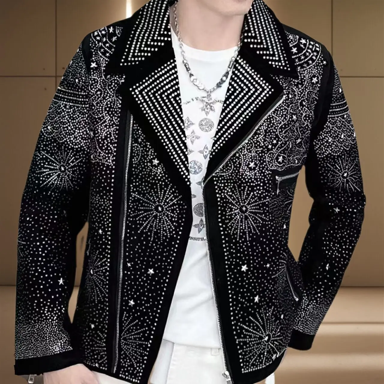 Black Rhinestones Jacket Men Jacket Coat Jaqueta Bomber Diamond 2024 New Top Quality Luxury Hot Drill Punk Club Outfit Jacket