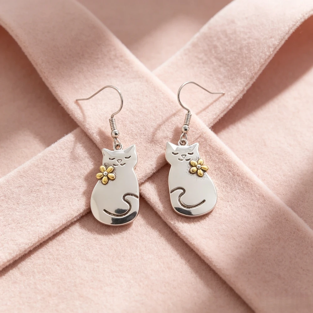 Cat Flower Drop Earrings   Lazy Closed-Eye Kitten Design   Three-Dimensional Golden Flower Accents   High-Polished Low-Allergen