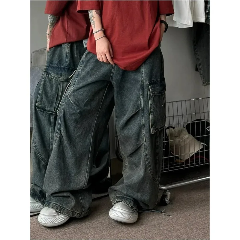 Damskie jeansy w stylu American Vintage, proste, z wysokim stanem, niebieskie, codzienne spodnie high street, luźne spodnie z szerokimi nogawkami, grunge, sprane spodnie dżinsowe.