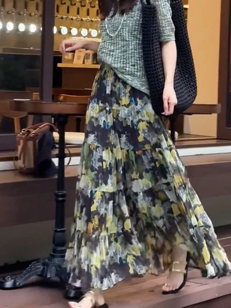 

Ele Ladylike Floral Print High Waist Midi Skirt Simple Faion Design Spring 2025 New Arrival Forest System plus Size Skirt
