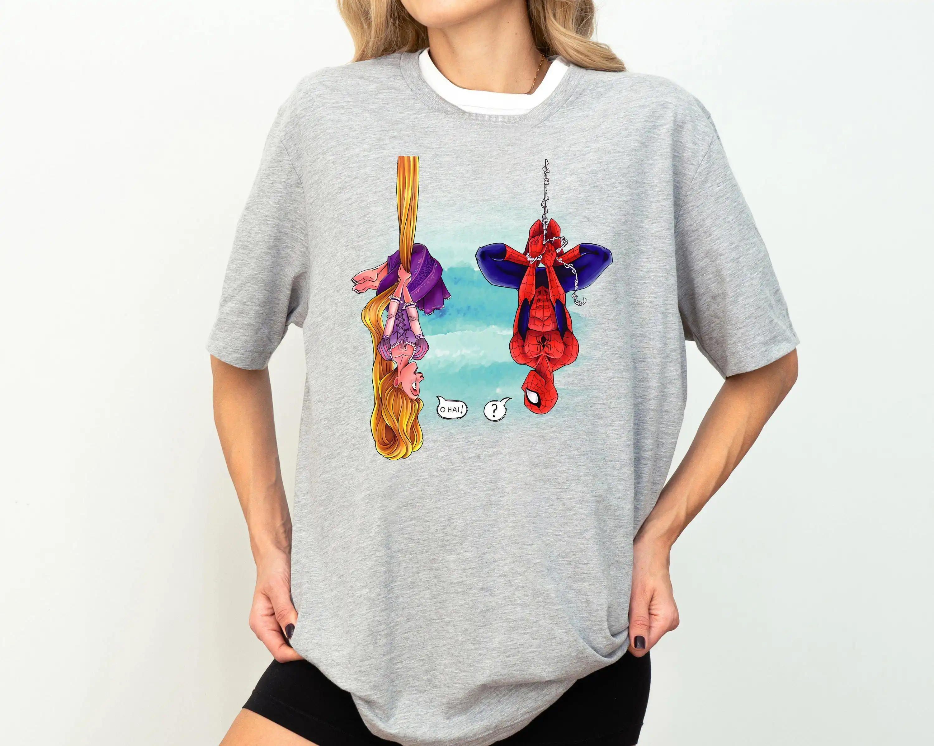 

Spider-Man and Blonde Princess Graphic Printing Summer Autumn Winter Cotton Men's and Women's T-Shirts Short Sleeves Luxury