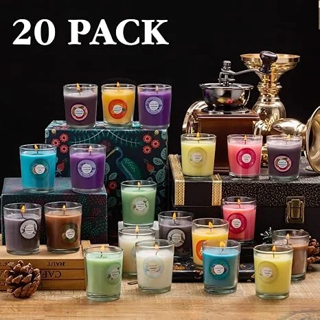 20 Packs of Scented Candles (6.6cm*4.83cm), with 10 Kinds of fragrant Scents, Soy Wax Glass Jar Candles, Strong-Scented Candles, Suitable for Ladies' Birthdays, President's Day, Easter, Mother's Day, Etc.