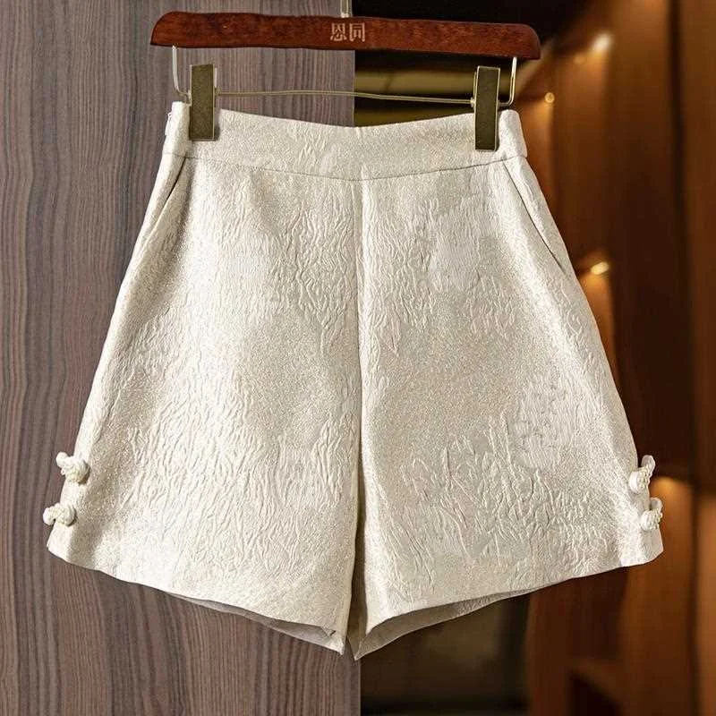 

New Chinese Style Women's Shorts Three-Dimensional Embossed Pants Buckles Jacquard Imitation Mulberry Silk Shorts With Zipper