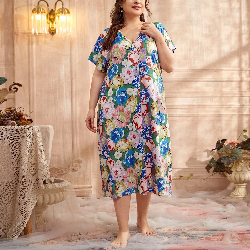 

Krismile, ночная рубашка больших размеров с цветочным принтом, лето 202, свободная посадка, v-образный вырез, короткий рукав, эластичная мягкая одежда для сна трапециевидной формы, пижама